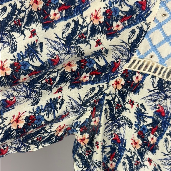 Solitaire Blue & White Floral Tie Front 3/4 Sleeve Bib Collar Blouse Size Large - Picture 4 of 11